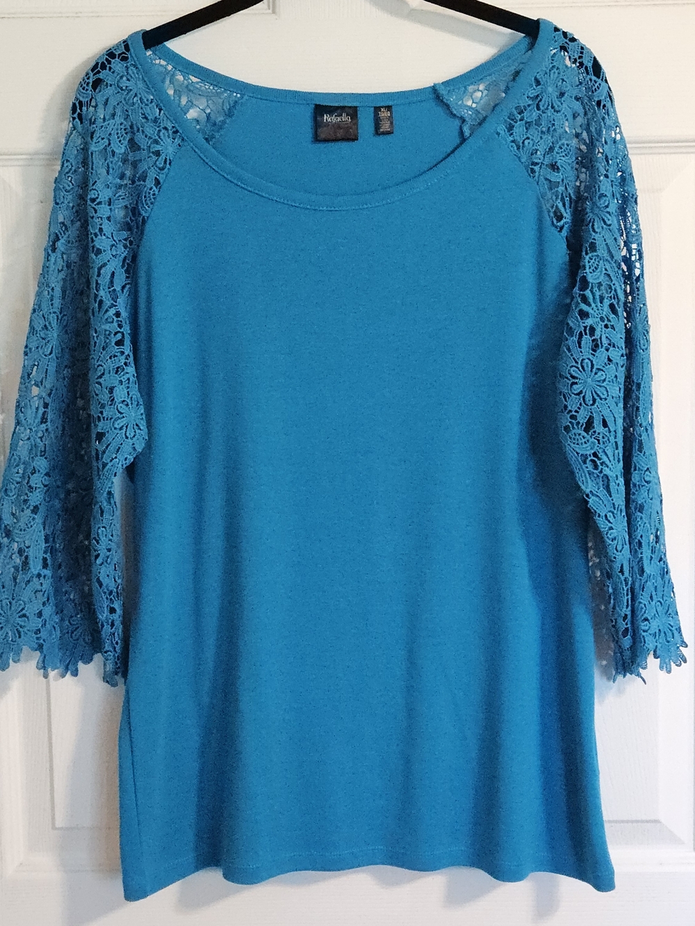 Rafaella Teal Lace-Sleeve Scoop Neck Top